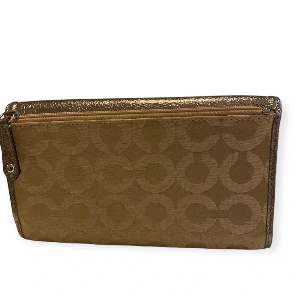 💕COACH Set Madison Metallic Silver & Tan Op Art Canvas Carryall Wallet